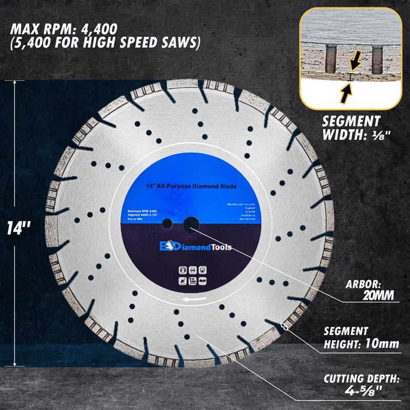 EDiamondTools 14" All Purpose Diamond Saw Blades for Hard/Reinforced Concrete, Asphalt, Granite, Terrazzo, Ductile Iron Piping, 4-5/8" Cutting Depth, 20mm Arbor - Image 3